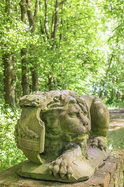 Lion statue of the Osterburg in Groothusen, Krummhoern, East Frisia, Lower Saxony, Germany