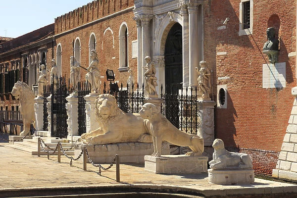 Lionstatues in front of the Renaissance portal, Arsenal, Venice, Veneto, Italy