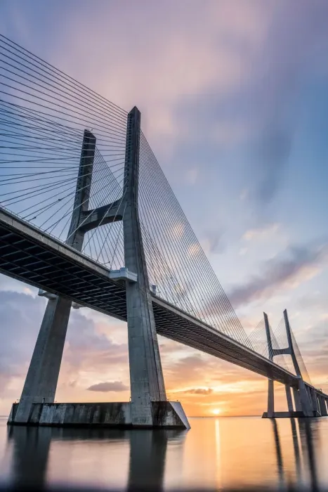 Framed Print : Lisbon, Portugal. Vasco Da Gama bridge at sunrise, the longest bridge in Europe Framed Print : Lisbon, Portugal. Vasco Da Gama bridge at sunrise, the longest bridge in Europe