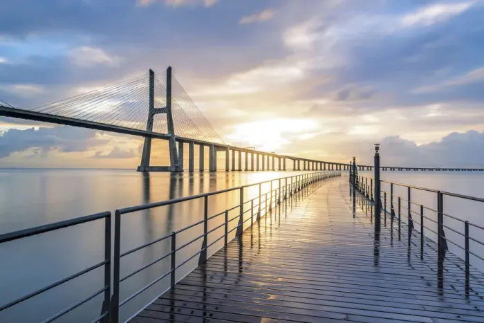Framed Print : Lisbon, Portugal. Vasco Da Gama bridge at sunrise, the longest bridge in Europe Framed Print : Lisbon, Portugal. Vasco Da Gama bridge at sunrise, the longest bridge in Europe