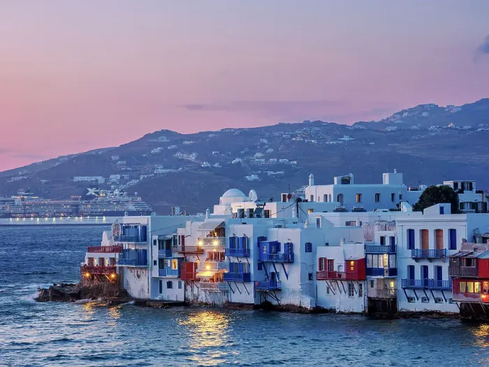Framed Print : Little Venice at dusk, elevated view, Chora, Mykonos Town, Mykonos Island, Cyclades, Greece Framed Print : Little Venice at dusk, elevated view, Chora, Mykonos Town, Mykonos Island, Cyclades, Greece