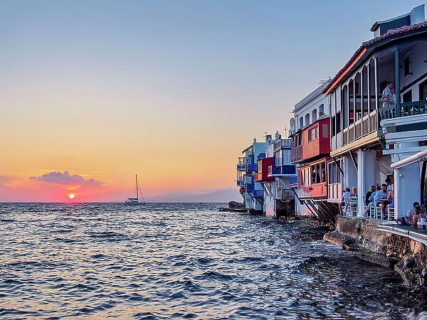 Little Venice at sunset, Chora, Mykonos Town, Mykonos Island, Cyclades, Greece