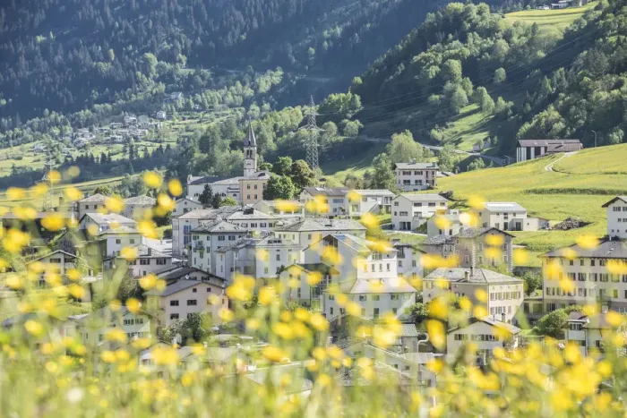 Framed Print : The little village of San Carlo in Poschiavo Valley during the spring