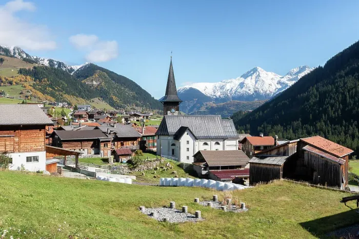 Framed Print : Little village of Tujetsch and in background Piz Muraun, Grisons Canton, Switzerland Framed Print : Little village of Tujetsch and in background Piz Muraun, Grisons Canton, Switzerland