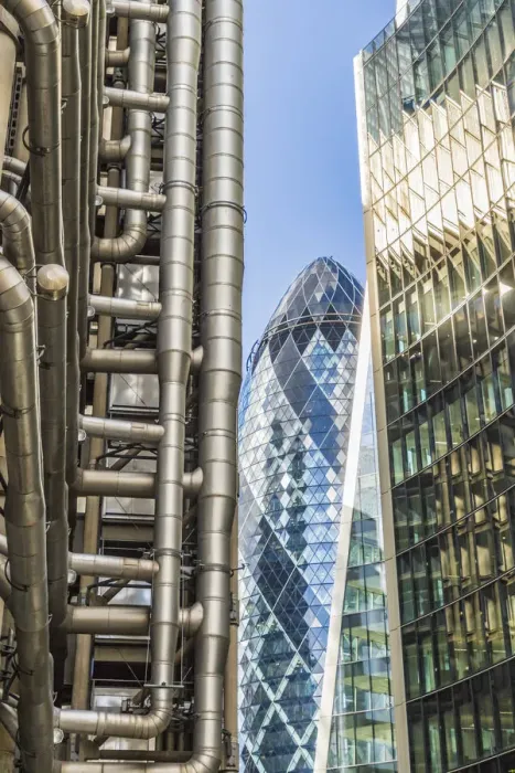 Framed Print : Lloyds of London and The Gherkin also known as the Swiss Re building, London, England, UK Framed Print : Lloyds of London and The Gherkin also known as the Swiss Re building, London, England, UK