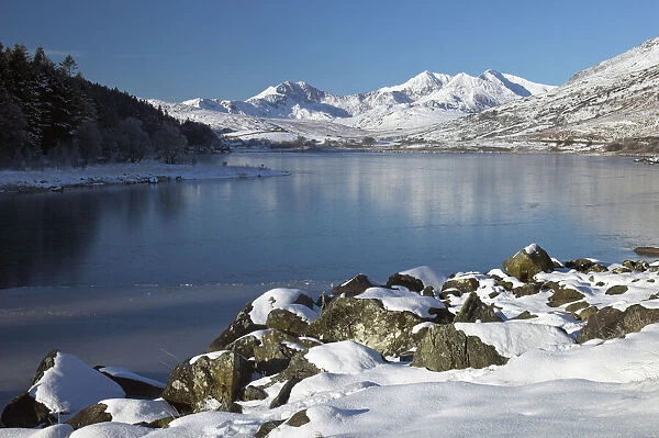 Llynnau Mymbyr with Snowdon mountain in Winter, Capel Curig, Snowdonia, Gwynedd, Wales