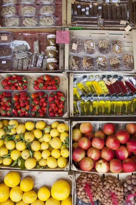 Framed Print : Local products, fruits and vegetables on sale in the market along the road near Komin Framed Print : Local products, fruits and vegetables on sale in the market along the road near Komin
