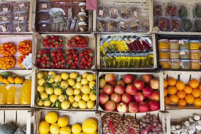 Framed Print : Local products, fruits and vegetables on sale in the market along the road near Komin Framed Print : Local products, fruits and vegetables on sale in the market along the road near Komin