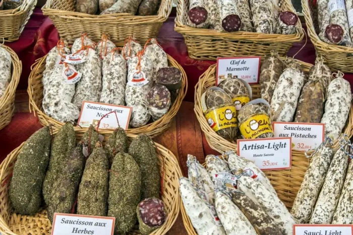 Framed Print : Local sausages or saucisson on sale at the market, Saint-Remy-de-Provence, Provence Framed Print : Local sausages or saucisson on sale at the market, Saint-Remy-de-Provence, Provence