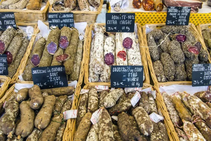 Framed Print : Local sausages or saucisson on sale at the market, Carpentras, Provence, France Framed Print : Local sausages or saucisson on sale at the market, Carpentras, Provence, France