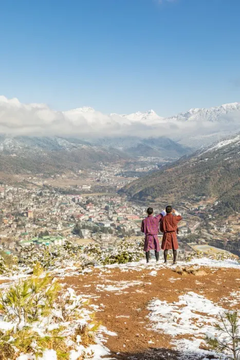 Framed Print : Two locals looking at city of Thimphu, Bhutan