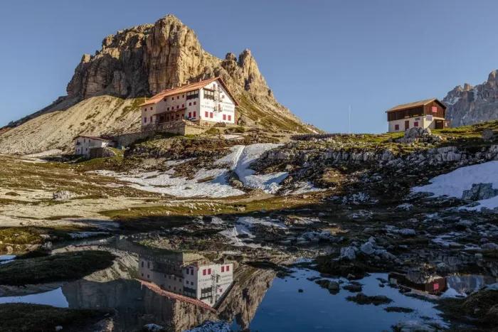 Framed Print : Locatelli refuge reflected in a puddle, Natural Park Three Peaks, Sesto Pusteria Framed Print : Locatelli refuge reflected in a puddle, Natural Park Three Peaks, Sesto Pusteria