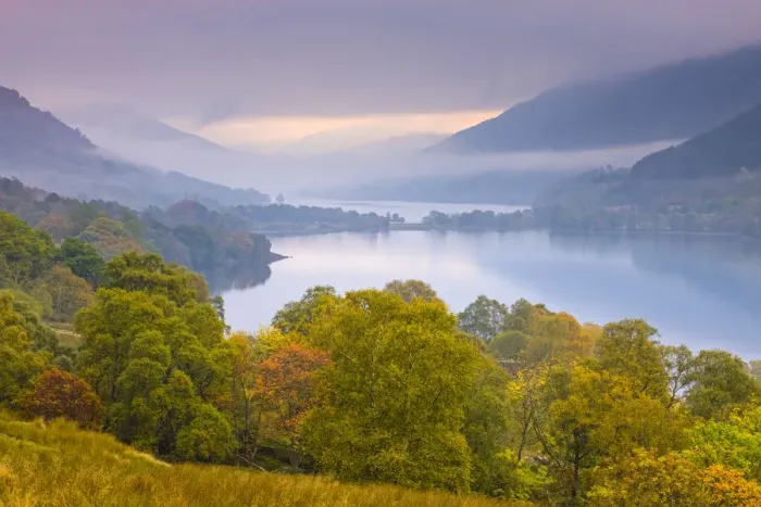 Framed Print : Loch Doine and Loch Voil on a misty autumn morning, Balquhidder Valley, Loch Lomond