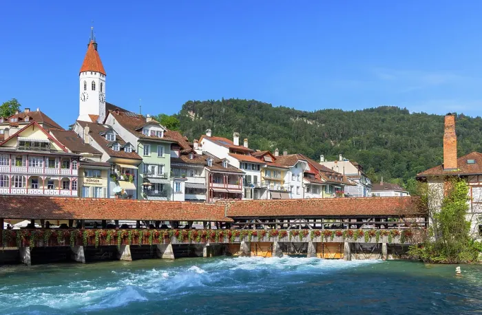 Framed Print : Mill Lock Bridge, Thun Town Church and Aare River, Thun, Canton of Bern, Switzerland