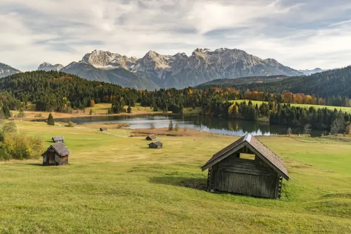 Framed Print : Lodges with Gerold lake and Karwendel Alps in the background Framed Print : Lodges with Gerold lake and Karwendel Alps in the background