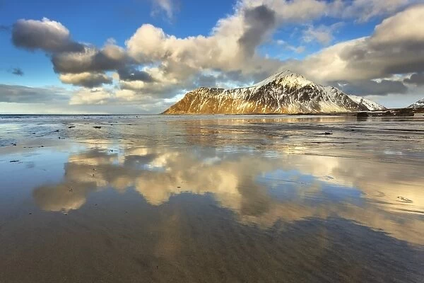 Lofoten, Norway. The famous beach with the last reflections at sunset