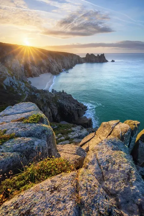 Framed Print : Logan Rock and Pedn Vounder beach at sunrise, St Levan, Treen, Penzance, Cornwall, England, UK