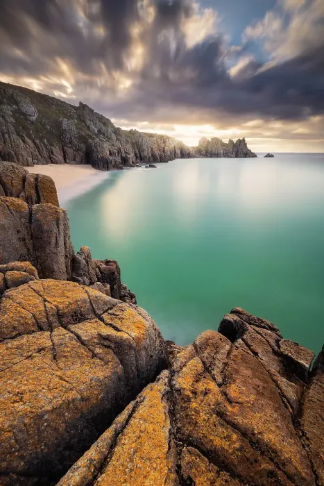 Framed Print : Logan Rock and Pedn Vounder beach at sunrise, St Levan, Treen, Penzance, Cornwall, England, UK Framed Print : Logan Rock and Pedn Vounder beach at sunrise, St Levan, Treen, Penzance, Cornwall, England, UK