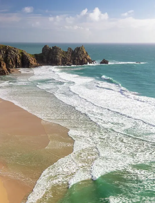 Framed Print : Logan Rock and Pednvounder Beach from Treen Cliff, near Porthcurno, Cornwall, England Framed Print : Logan Rock and Pednvounder Beach from Treen Cliff, near Porthcurno, Cornwall, England