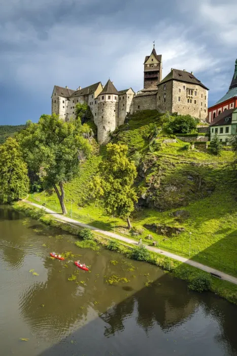Framed Print : Loket Castle and kayakers on Ohre river, Loket, Sokolov District, Karlovy Vary Region Framed Print : Loket Castle and kayakers on Ohre river, Loket, Sokolov District, Karlovy Vary Region