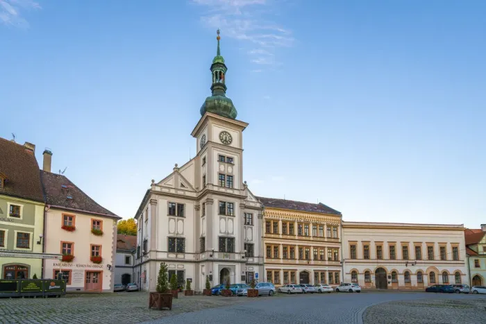 Framed Print : Loket Town Hall on early morning, Loket, Sokolov District, Karlovy Vary Region, Bohemia
