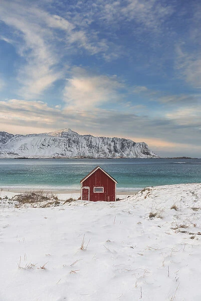 Lone cabin overlooking the fjord in the Lofoten islands, Norway