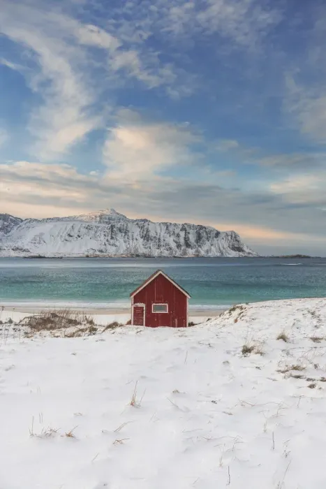 Framed Print : Lone cabin overlooking the fjord in the Lofoten islands, Norway Framed Print : Lone cabin overlooking the fjord in the Lofoten islands, Norway