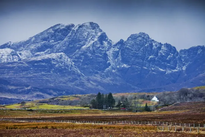 Framed Print : Lone Farmhouse below The Cullins, Isle of Skye, Highland Region, Scotland