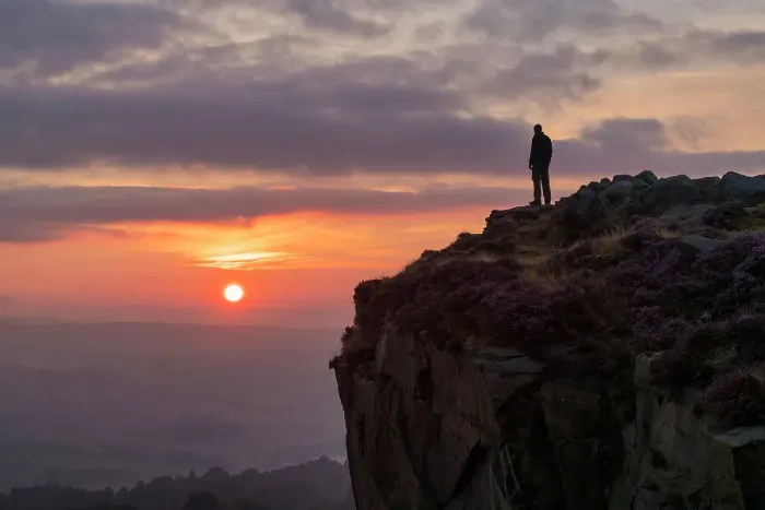 Framed Print : Lone Person on Ilkley Moor at Sunrise, Ilkley, West Yorkshire, England