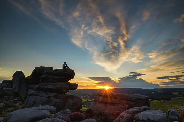 Lone Person at Surprise View at Sunset, Peak District National Park, Derbyshire, England