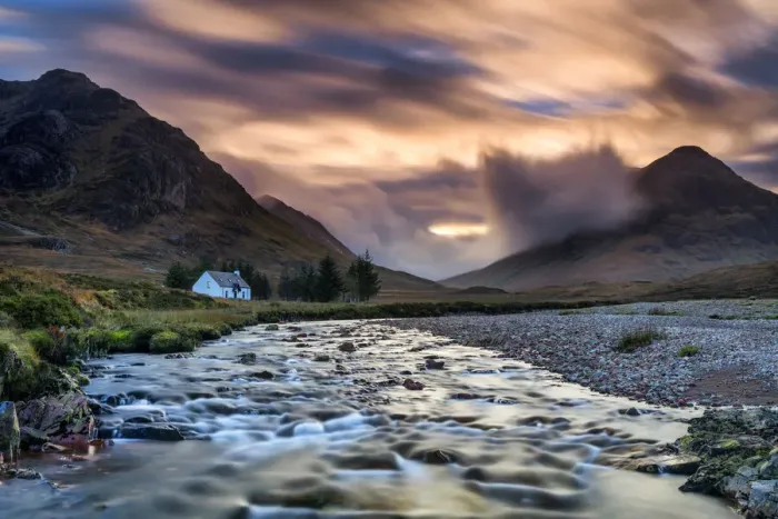 Framed Print : Lone White Cottage by River Coupall, Glen Coe, Highlands, Scotland Framed Print : Lone White Cottage by River Coupall, Glen Coe, Highlands, Scotland