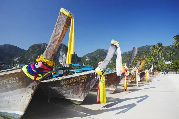 Framed Print : Long tail boats on Ao Ton Sai beach, Ko Phi Phi Don, Thailand