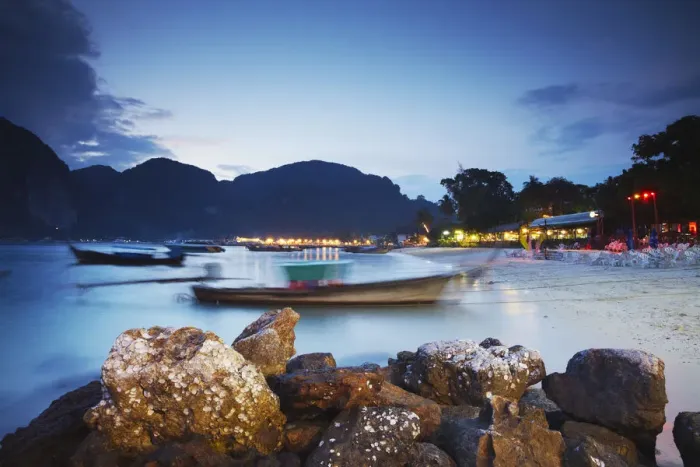 Framed Print : Long tail boats on Ao Ton Sai beach at dusk, Ko Phi Phi Don, Thailand Framed Print : Long tail boats on Ao Ton Sai beach at dusk, Ko Phi Phi Don, Thailand