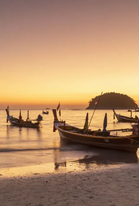 Framed Print : Long tail boats on Kata Beach at sunset, Phuket, Thailand Framed Print : Long tail boats on Kata Beach at sunset, Phuket, Thailand