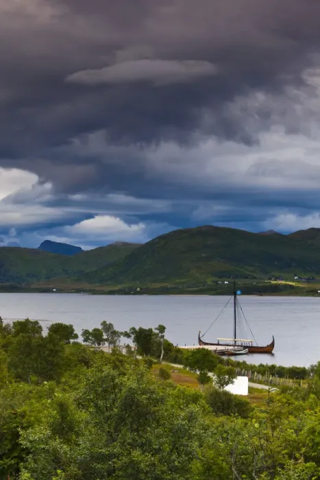 Framed Print : Longship on fjord, Lofotr Viking Museum, Vestvagoy, Lofoten Islands, Nordland, Norway
