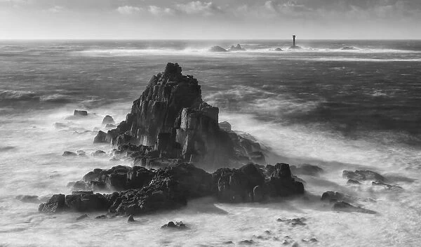 Longships Lighthouse and Armoured Knight, Lands End, Cornwall, England