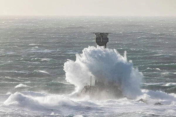 Longships Lighthouse during Storm Eunice 18th February 2022, Lands End, Cornwall, England, UK