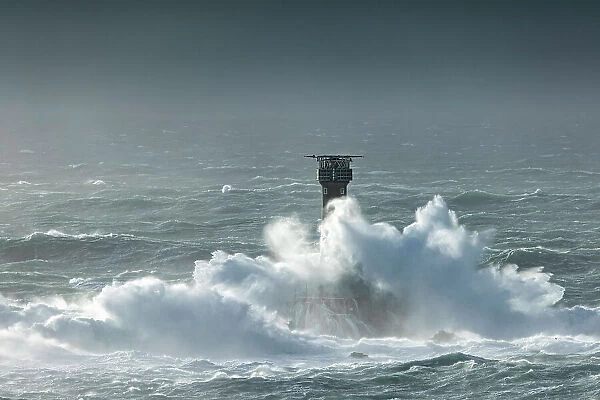Longships Lighthouse during Storm Eunice 18th February 2022, Lands End, Cornwall, England, UK