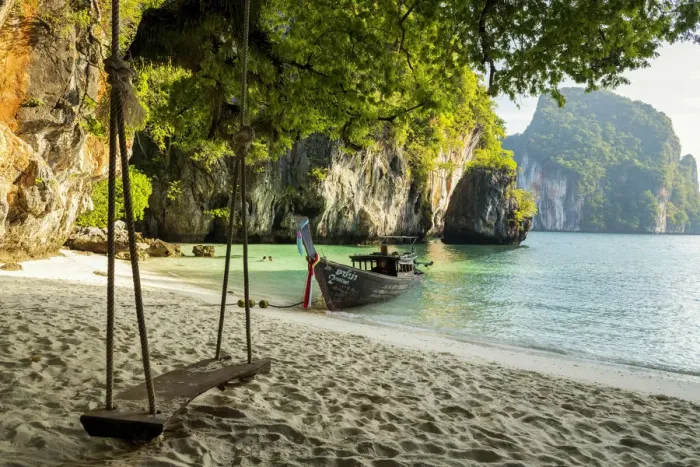 Framed Print : Longtail Boat in Bay, Andaman Sea, Phang-nga, Thailand, Asia