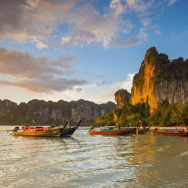 Longtail boats on West Railay beach, Railay Peninsula, Krabi Province, Thailand