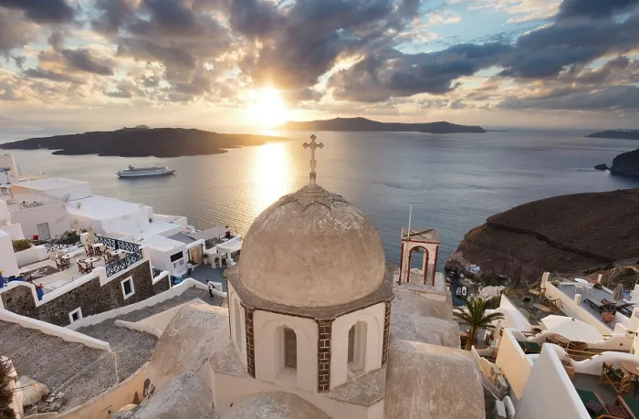 Framed Print : Looking out to the caldera over an old domed church, Fira, Santorini, Cyclades Islands, Greece, Europe