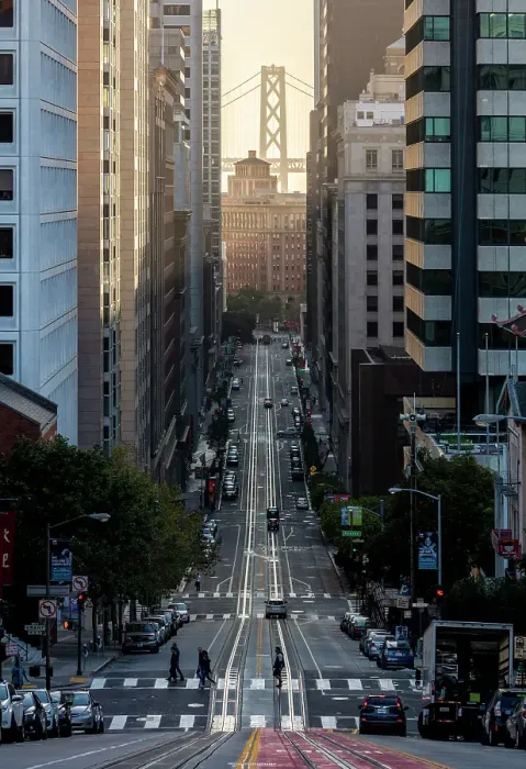 Framed Print : Looking down Van Ness Avenue towards Bay Bridge, San Francisco, California, USA Framed Print : Looking down Van Ness Avenue towards Bay Bridge, San Francisco, California, USA