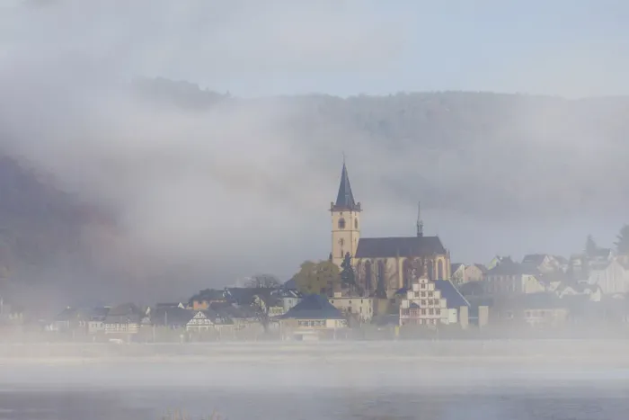 Framed Print : Lorch in the autumn fog with St. Martin Church, Rheingau, Hesse, Germany Framed Print : Lorch in the autumn fog with St. Martin Church, Rheingau, Hesse, Germany