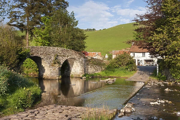 Lorna Doone Farm and stone bridge over the Badgworthy Water at Malmsmead, Exmoor