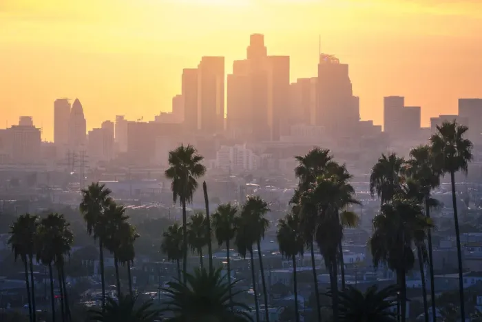 Framed Print : Los Angeles Downtown and palm trees at sunset. This is a classic view of the city of Framed Print : Los Angeles Downtown and palm trees at sunset. This is a classic view of the city of