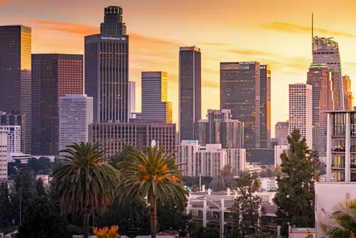 Framed Print : Los Angeles Downtown at sunset as seen from Figueroa district Framed Print : Los Angeles Downtown at sunset as seen from Figueroa district
