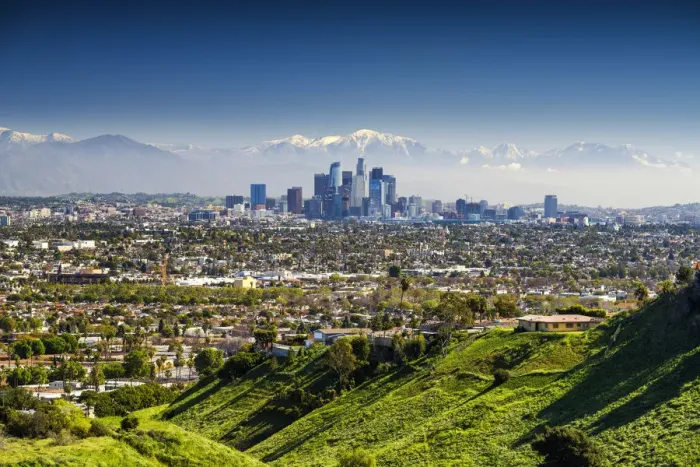 Framed Print : Los Angeles Skyline and Snow Capped San Gabriel Mountains, California, USA Framed Print : Los Angeles Skyline and Snow Capped San Gabriel Mountains, California, USA