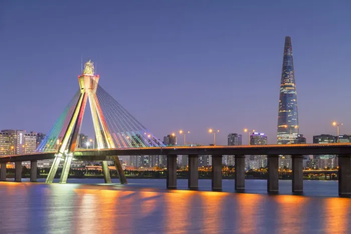 Framed Print : Lotte World Tower and Olympic Bridge at dusk, Seoul, South Korea Framed Print : Lotte World Tower and Olympic Bridge at dusk, Seoul, South Korea