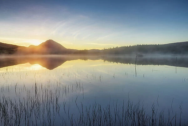 Lough Dunlewey and Mount Errigal in background at sunrise, County Donegal, Ulster region, Ireland, Europe