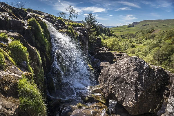 Loup of Fintry waterfall on River Endrick, Fintry, Stirling, Scotland, Great Britain